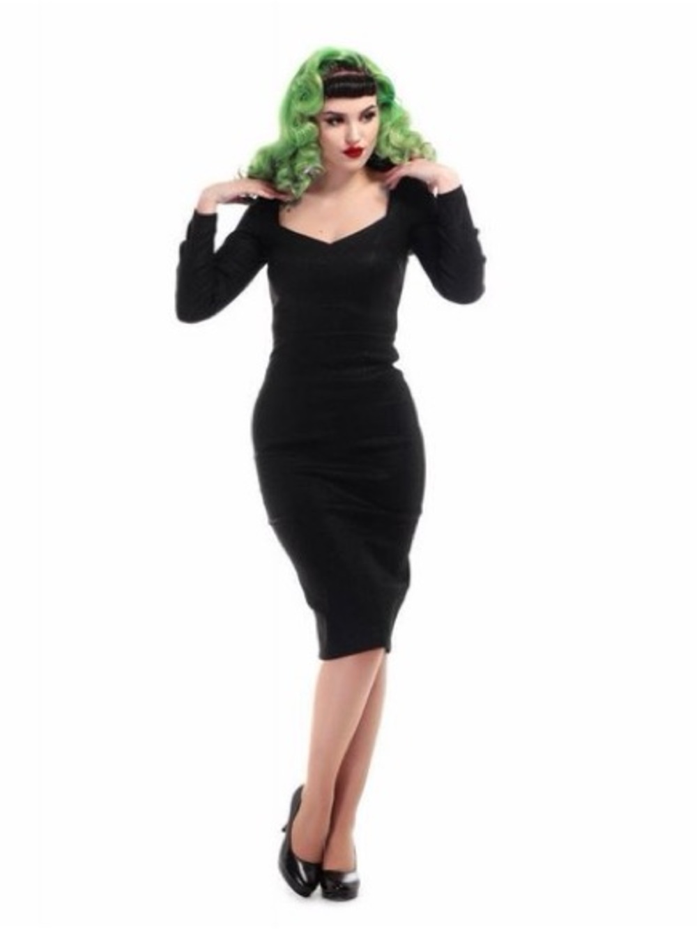 Collectif Helene Dress Black Midi Sheath with Sweetheart Neckline